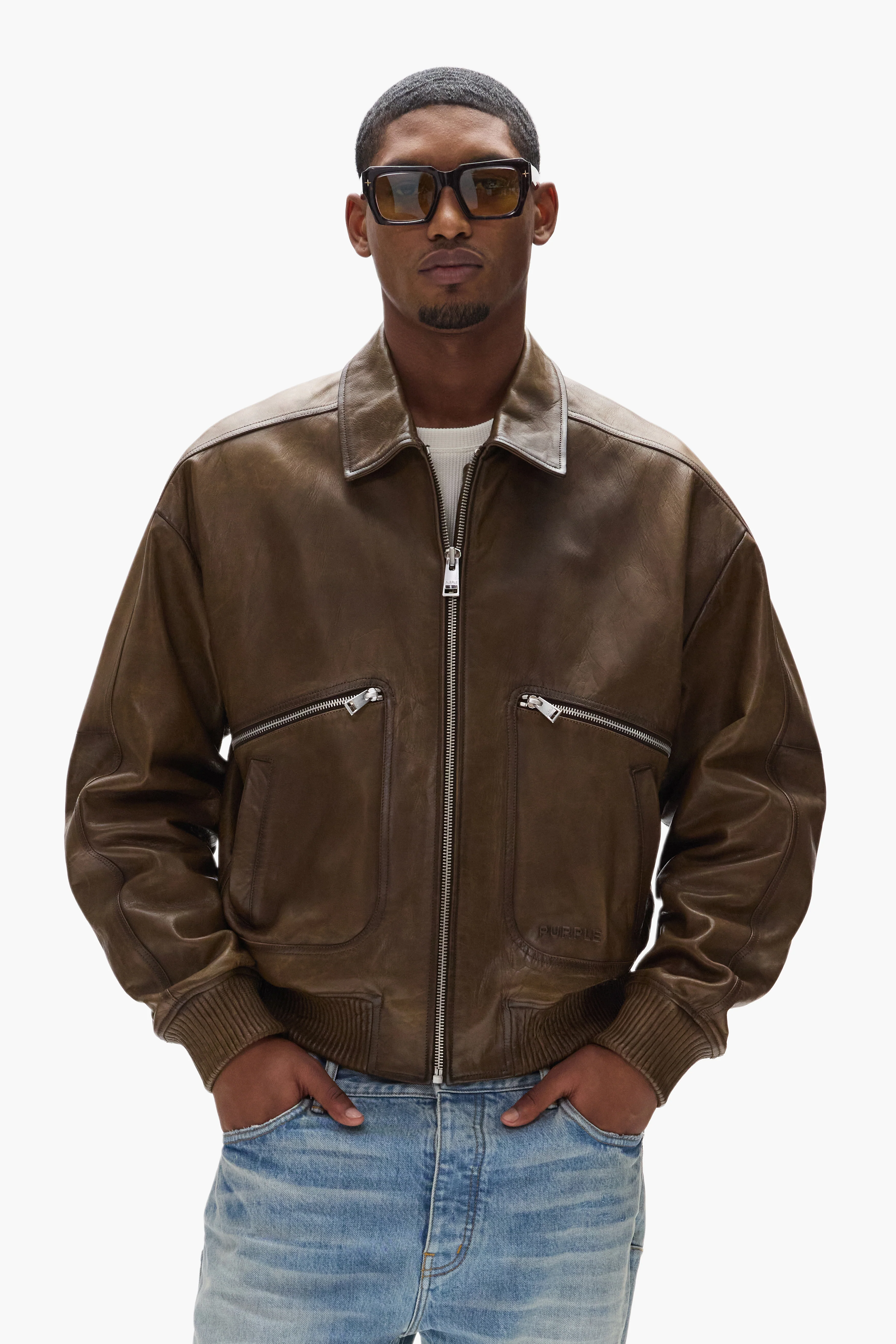 Distressed Leather Bomber Jacket - Image 5